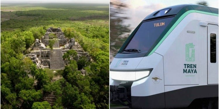 A split image featuring Mayan ruins surrounded by forest on the left, and the Tren Maya train on the right against a blurred background.