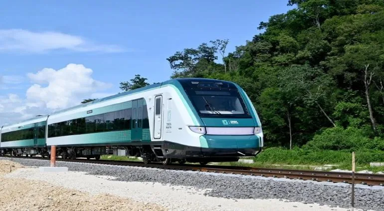 A modern train with a green and white exterior traveling on a railway track surrounded by lush greenery and a clear sky in the background